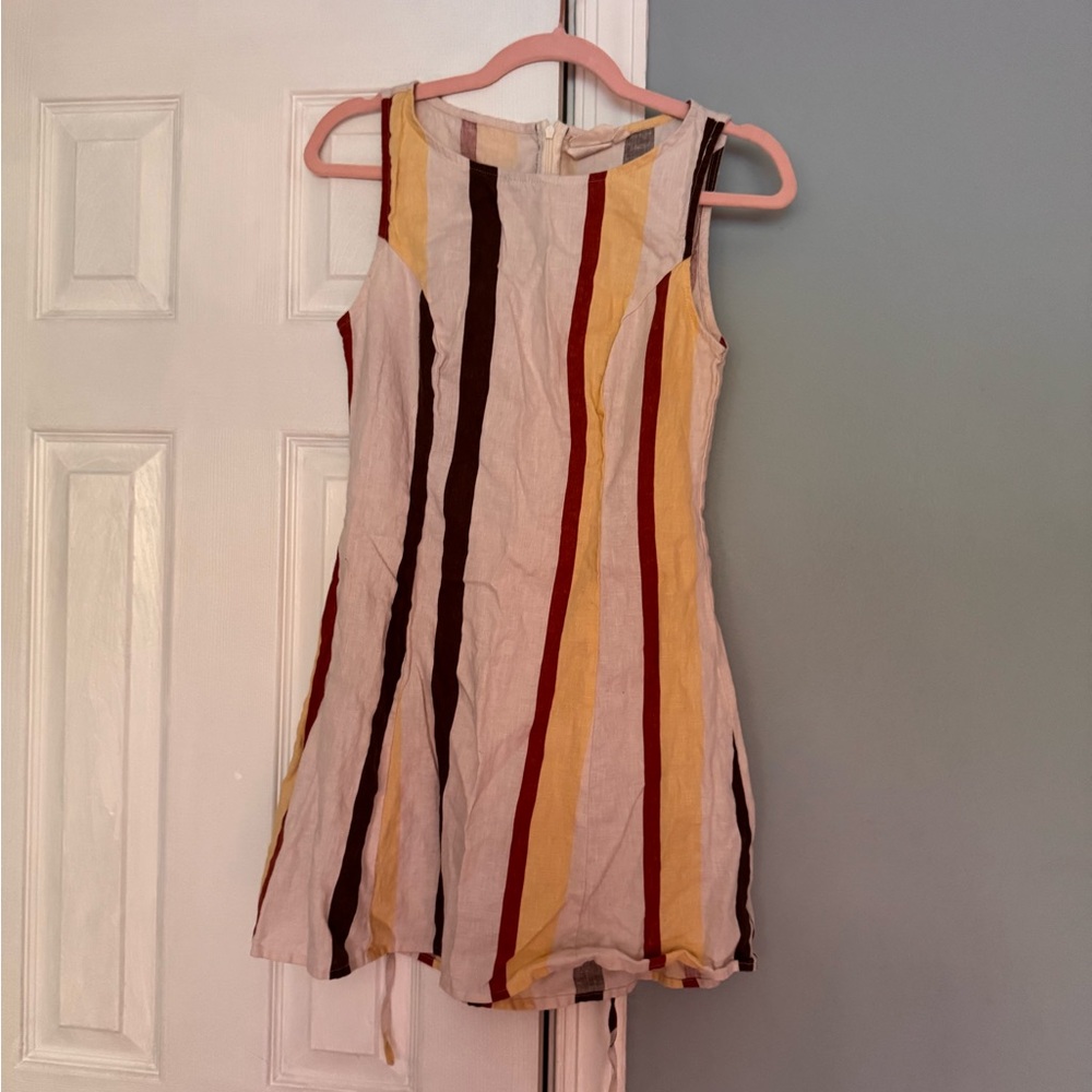 Vrg Girl Chloe Linen Mini Dress in Cream Brown Yellow Red Stripe
